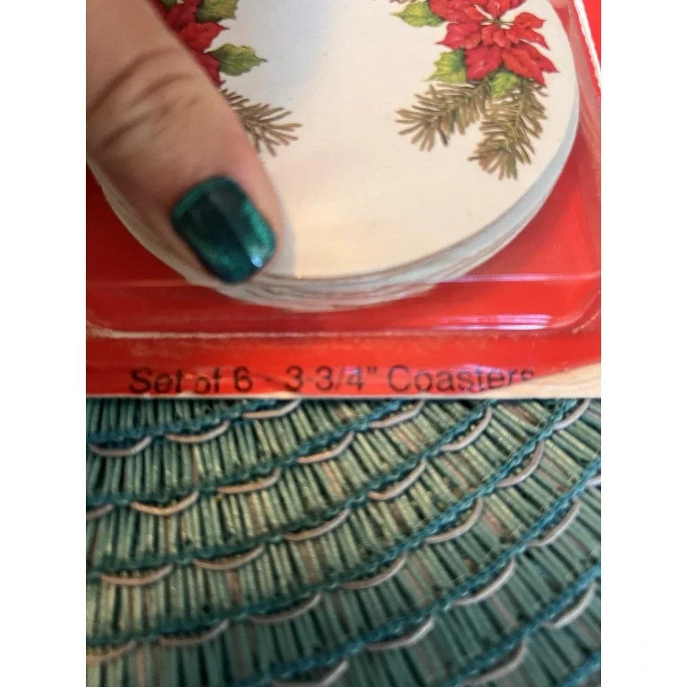 Vintage Conimar Holiday Coasters Poinsettia Pine Cork Set of 6 Christmas 3 3/4